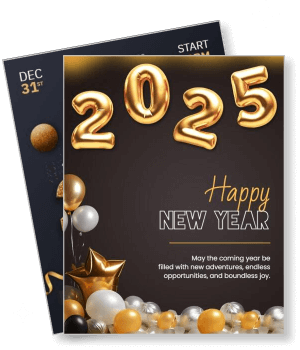 2025 happy new year greeting card golden balloon theme december 31st celebration template