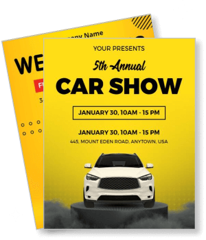 5th annual car show event poster with white car and yellow background template