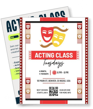 acting class flyer with masks and schedule details for weekly tuesday sessions denver template