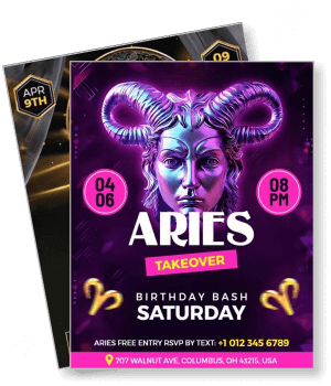 aries birthday bash party invitation poster with details and ram illustration template