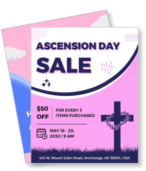 ascension day sale flyer template with discount offer details and cross graphic