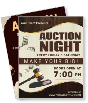 auction night event poster with gavel and money graphics template