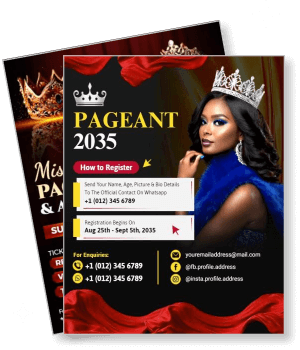 beauty pageant 2035 registration poster with crowned woman details template