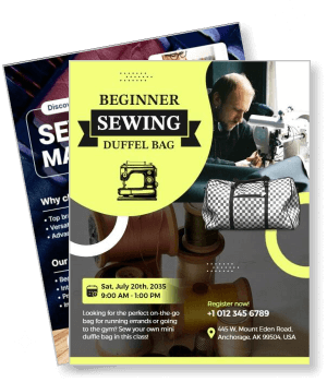 beginner sewing duffel bag workshop event poster with contact details template