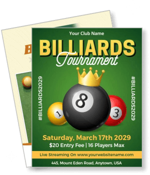 billiards tournament flyer with cue ball king crown event details template