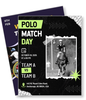 black and white polo match day poster with event details and location template