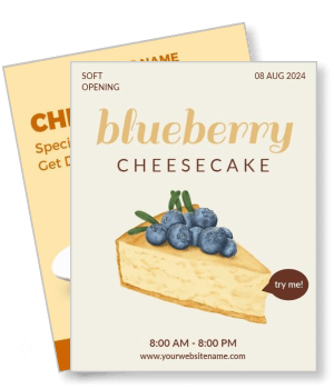 blueberry cheesecake soft opening poster with tasting invitation template