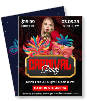 carnival party flyer colorful masks entry fee event details template