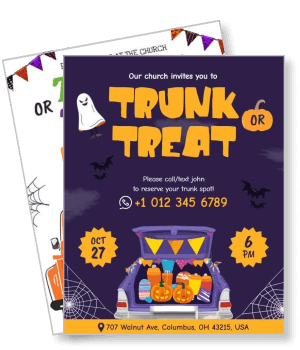 church event flyer trunk or treat halloween party 2023 template