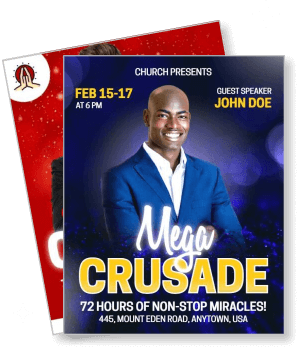 church event poster mega crusade john doe guest speaker 72 hours miracles february 15 17 template