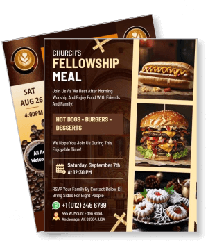 church fellowship meal event flyer with burgers desserts and coffee details template