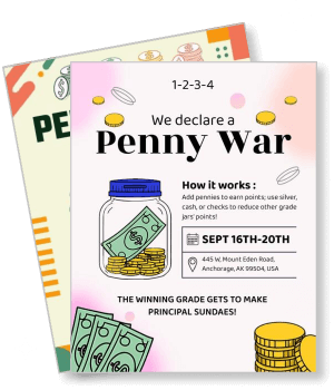 colorful penny war fundraising event flyer with cash and coins template