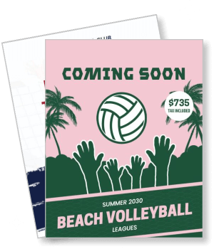 coming soon summer 2030 beach volleyball leagues poster with price tag template