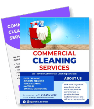 commercial cleaning services flyer with contact details and cleaning supplies template