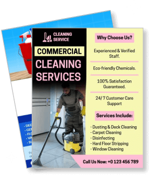 commercial cleaning services flyer with services and contact details template