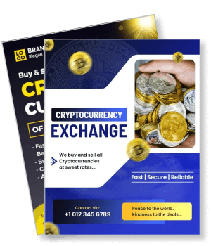 cryptocurrency exchange advertisement with gold coins and hand holding bitcoins template