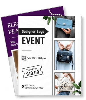 designer bags event poster with ticket fee and images of various handbags template