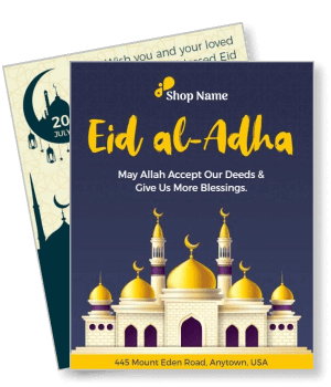 eid al adha celebration card with golden mosque and blessings message template