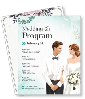 elegant wedding program with bride and groom illustration february ceremony details template