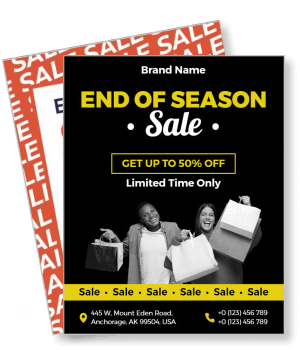 end of season sale poster with happy customers holding shopping bags template