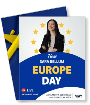 europe day event poster with host sara bellum live stream details and venue information template