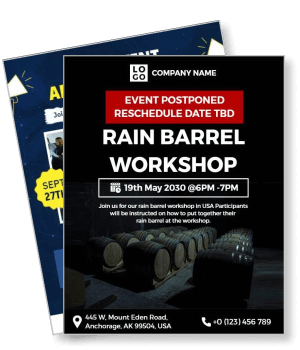 event postponed rain barrel workshop sign poster example template