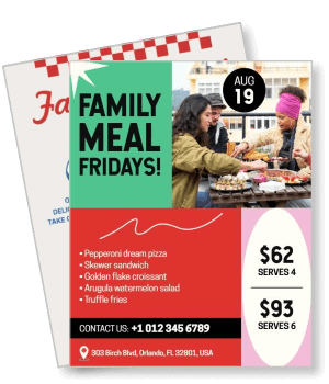 family meal fridays promotional flyer with menu and price details template