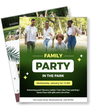 family party in the park invite with event details and activities listed template