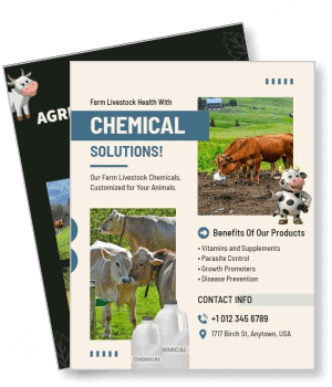 farm livestock health chemical solutions brochure with cattle and contact info template