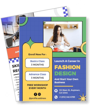 fashion design career class enrollment poster with workshop details contact info template