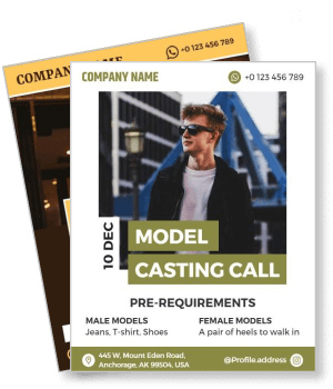 fashion model casting call flyer with date and requirements for male and female models template