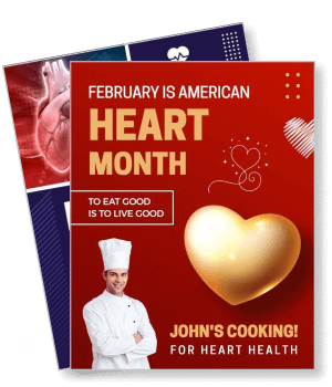 february american heart month poster with chef promoting heart health cooking template