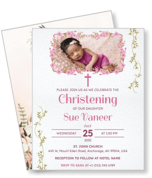 floral christening invitation card for girl with photo and event details template