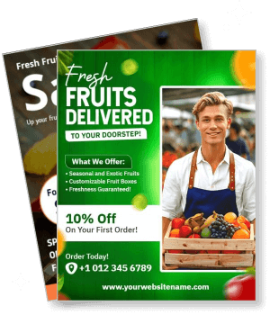 fresh fruits delivery service advertisement with male seller offering discount coupon template