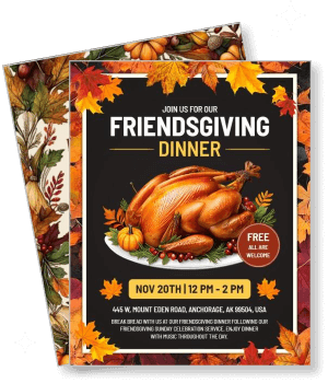 friendsgiving dinner invitation with roasted turkey and autumn leaves template