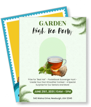 garden high tea party invitation with teacup and leaves template