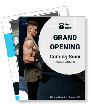 gym grand opening event poster with bodybuilder and launch date template