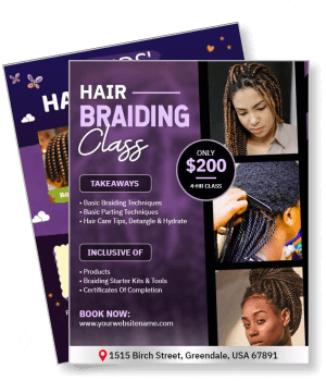 hair braiding class flyer with details and contact information template