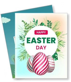 happy easter day card design with painted eggs and leaves template