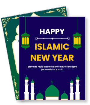 happy islamic new year greeting card with mosque lanterns template