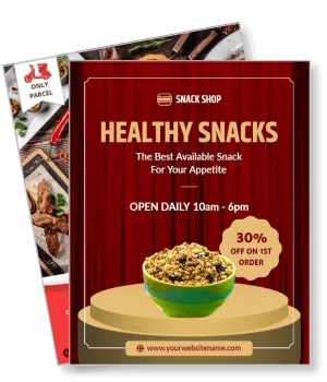 healthy snacks promotion poster with discount offer and opening hours template