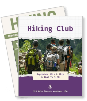 hiking club event flyer with group of backpackers and meeting details template