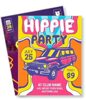 hippie party poster vintage car design july event promotion colorful graphics template