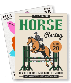 horse racing event poster with rider jumping fence event date and location details template