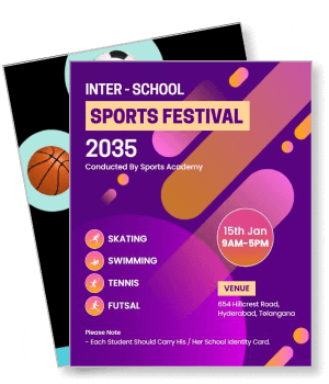 inter school sports festival 2035 poster skating swimming tennis futsal event template