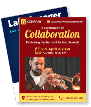 jazz collaboration event poster with trumpet player and event details template