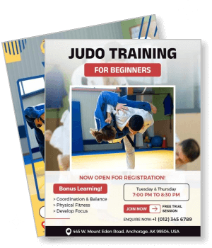 judo training for beginners registration flyer promoting classes schedule contact template