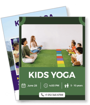 kids yoga class poster with children meditating on green mat call to action template