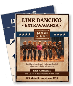 line dancing extravaganza event poster with cowboys and free admission details template