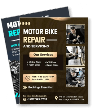 motorbike repair services flyer featuring mechanics working garage template